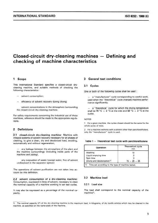ISO 8232:1988 - Closed-circuit dry-cleaning machines -- Defining and checking of machine characteristics