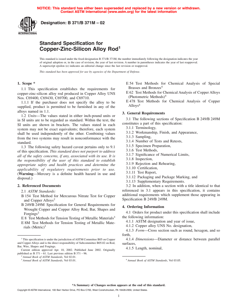 ASTM B371/B371M-02 - Standard Specification for Copper-Zinc-Silicon Alloy Rod
