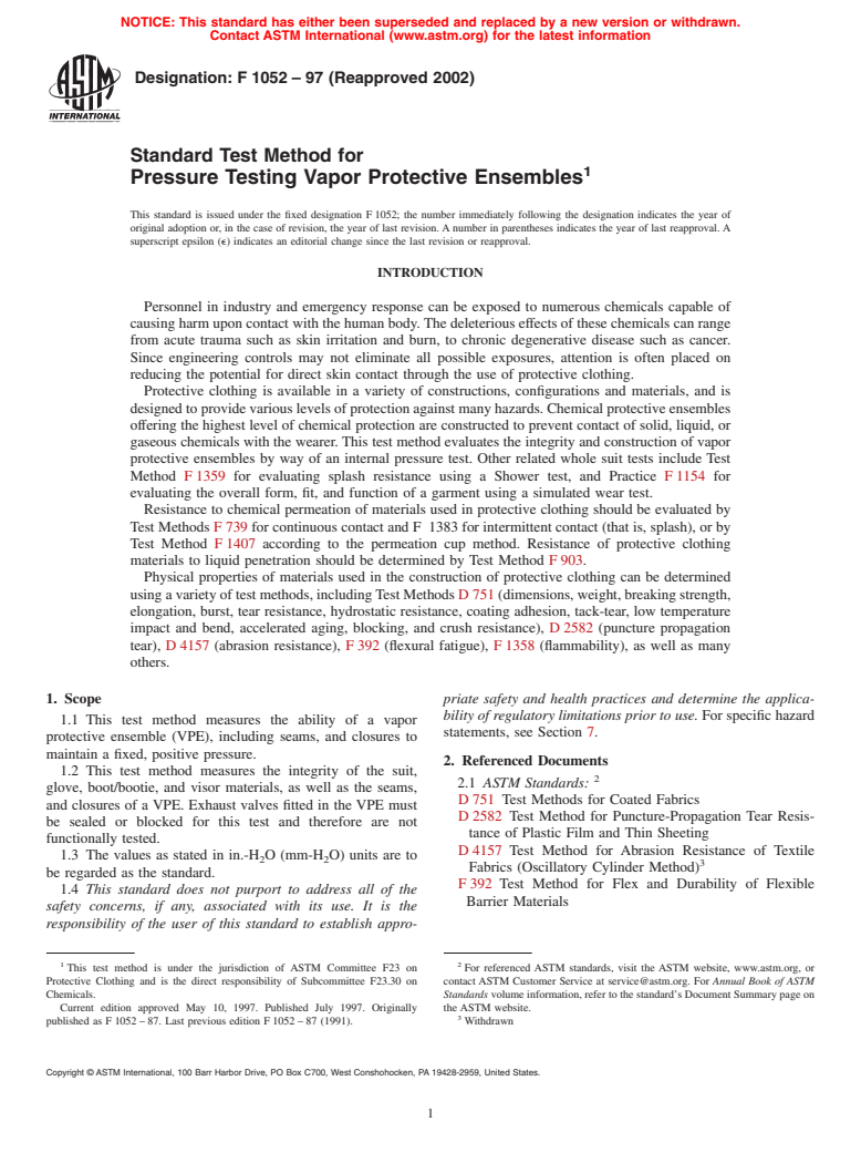 ASTM F1052-97(2002) - Standard Test Method for Pressure Testing Vapor Protective Ensembles