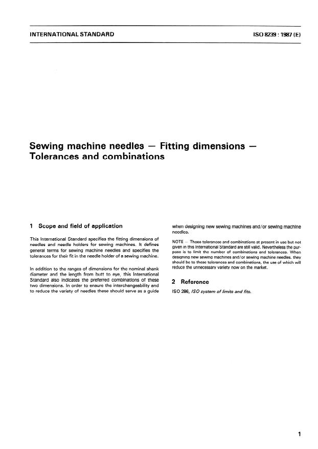 ISO 8239:1987 - Sewing machines needles -- Fitting dimensions -- Tolerances and combinations