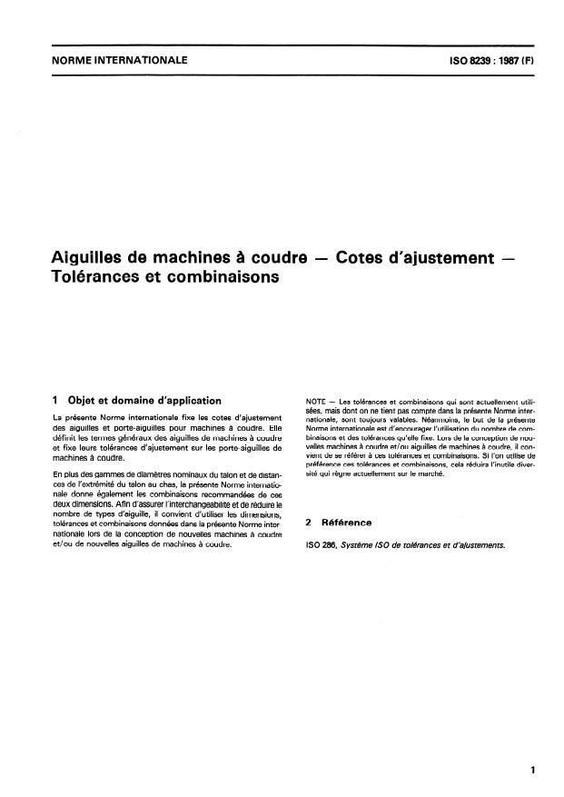 ISO 8239:1987 - Aiguilles de machines a coudre -- Cotes d'ajustement -- Tolérances et combinaisons