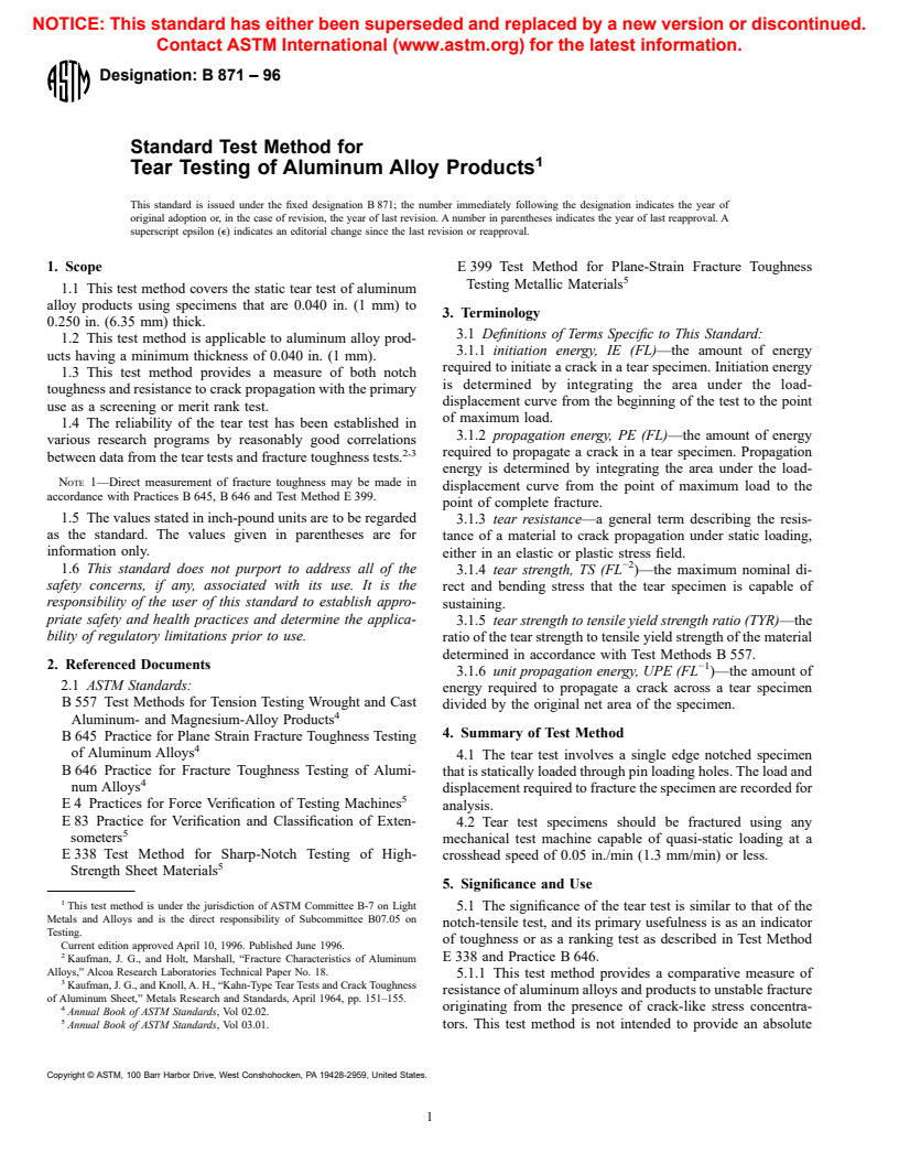 ASTM B871-96 - Standard Test Method for Tear Testing of Aluminum Alloy Products