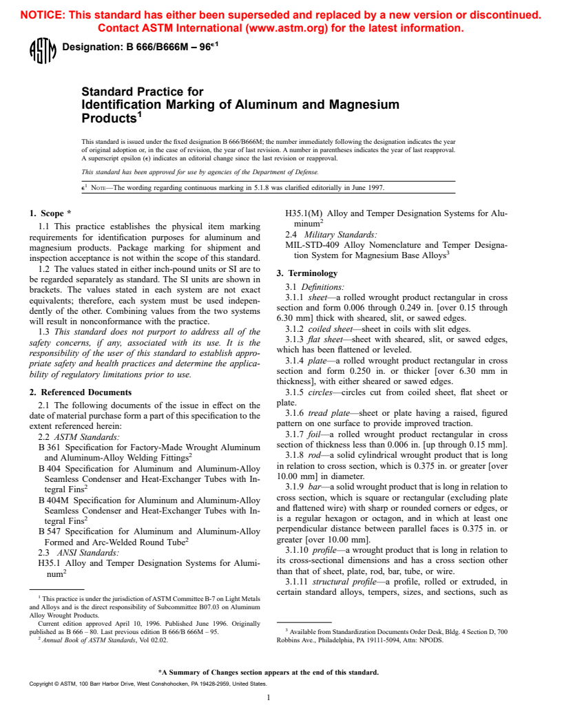 ASTM B666/B666M-96e1 - Standard Practice for Identification Marking of Aluminum and Magnesium Products