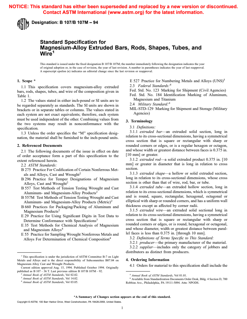 ASTM B107/B107M-94 - Standard Specification for Magnesium-Alloy Extruded Bars, Rods, Profiles, Tubes, and Wire