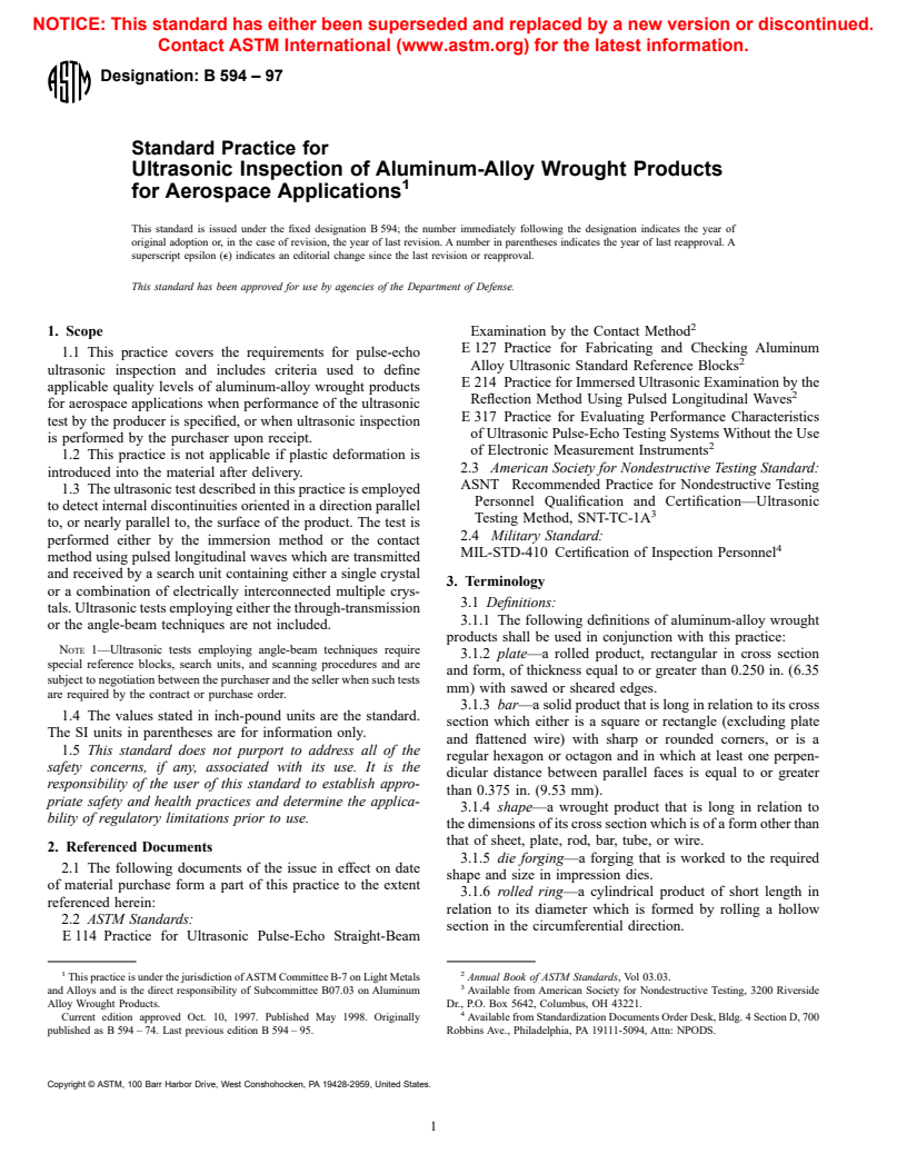 ASTM B594-97 - Standard Practice for Ultrasonic Inspection of Aluminum-Alloy Wrought Products for Aerospace Applications