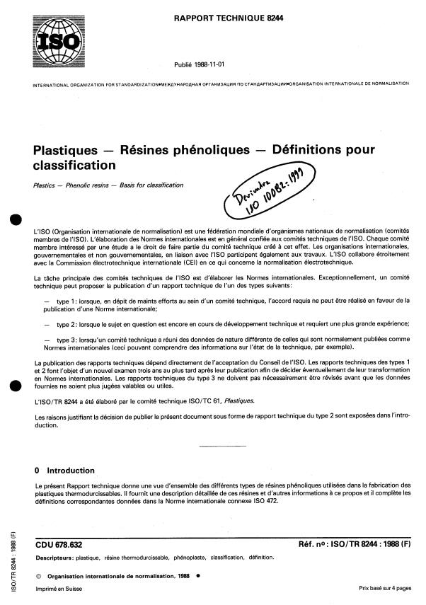 ISO/TR 8244:1988 - Plastiques -- Résines phénoliques -- Définitions pour classification