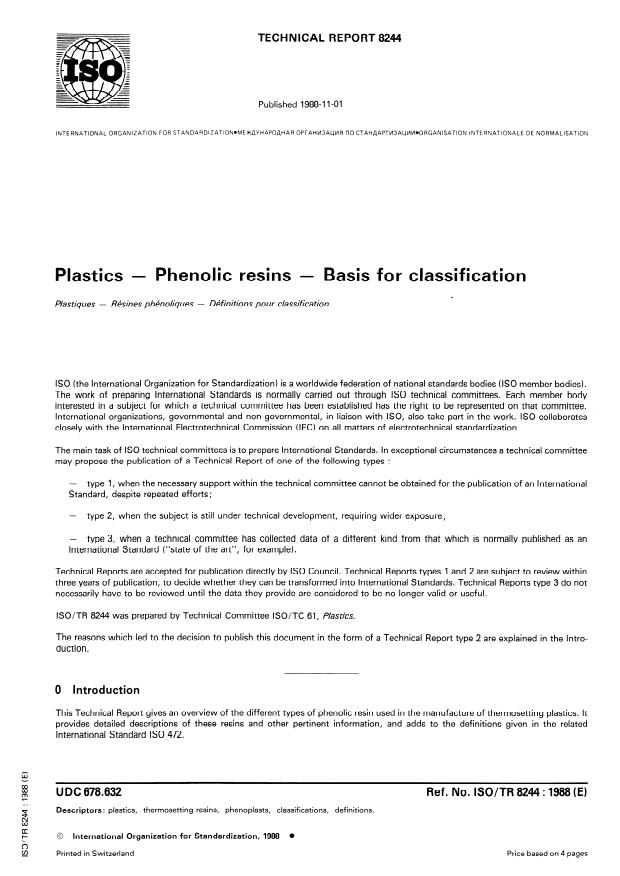 ISO/TR 8244:1988 - Plastics -- Phenolic resins -- Basis for classification