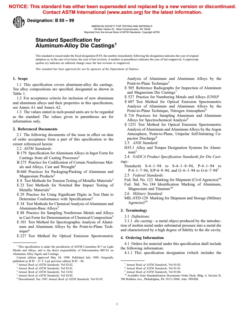ASTM B85-99 - Standard Specification for Aluminum-Alloy Die Castings