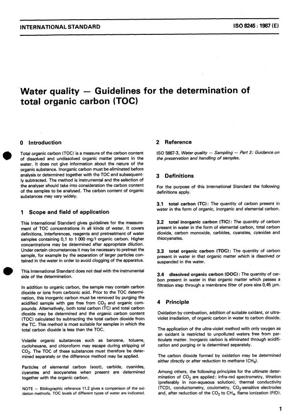 ISO 8245:1987 - Water quality -- Guidelines for the determination of total organic carbon (TOC)