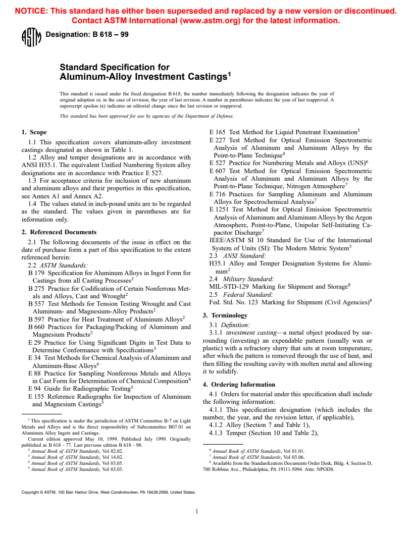 ASTM B618-99 - Standard Specification for Aluminum-Alloy Investment Castings