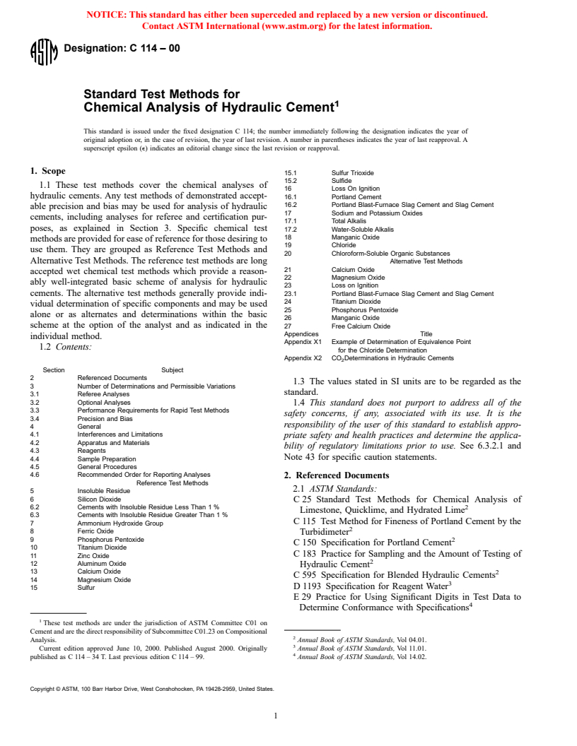 ASTM C114-00 - Standard Test Methods for Chemical Analysis of Hydraulic Cement