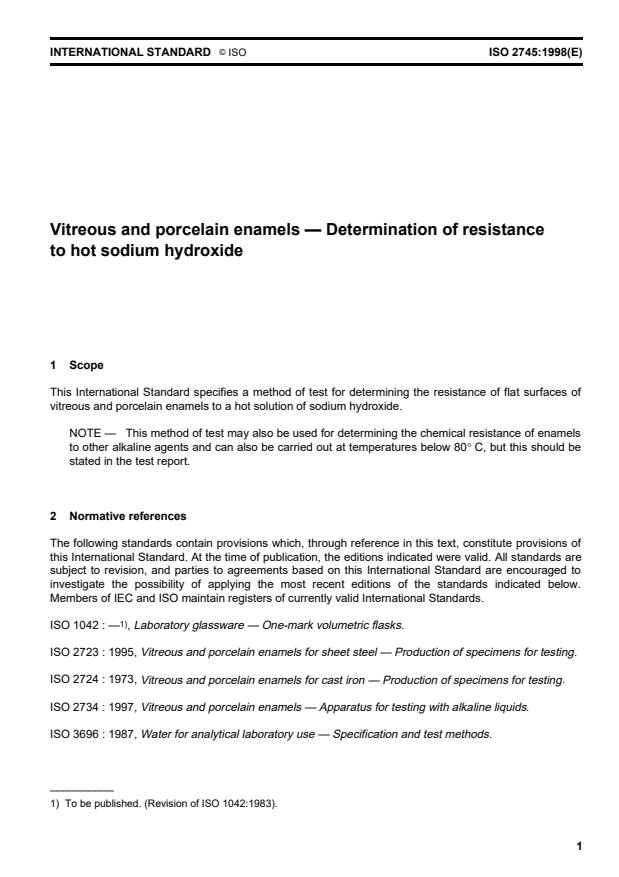 ISO 2745:1998 - Vitreous and porcelain enamels -- Determination of resistance to hot sodium hydroxide