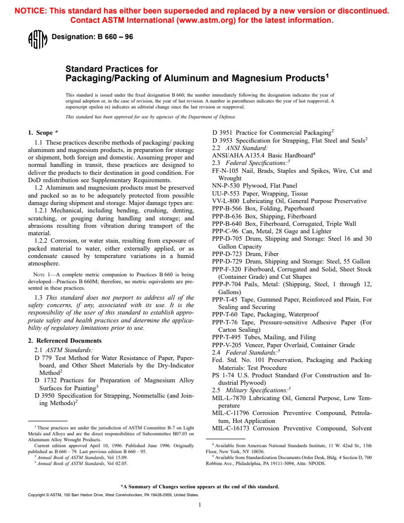 ASTM B660-96 - Standard Practices for Packaging/Packing of Aluminum and Magnesium Products