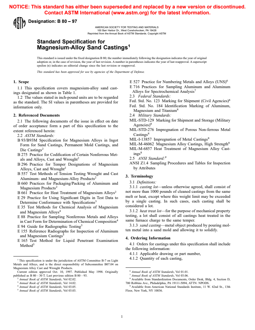 ASTM B80-97 - Standard Specification for Magnesium-Alloy Sand Castings