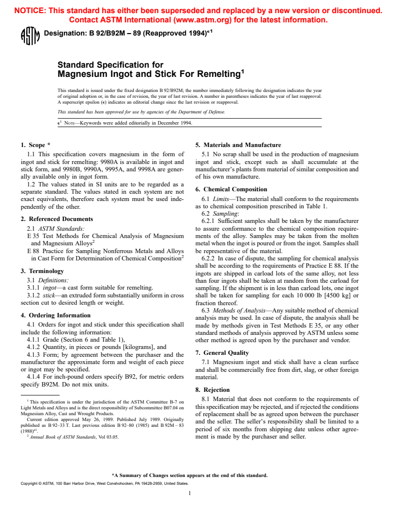 ASTM B92/B92M-89(1994)e1 - Standard Specification for Unalloyed  Magnesium Ingot and Stick For Remelting