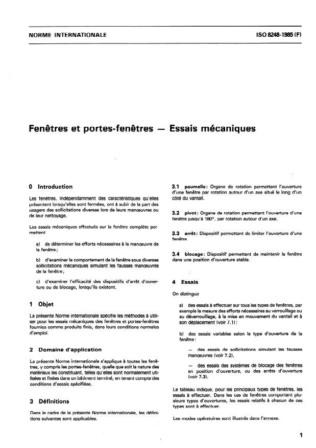ISO 8248:1985 - Fenetres et portes-fenetres -- Essais mécaniques