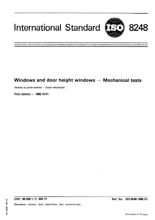 ISO 8248:1985 - Windows and door height windows -- Mechanical tests
