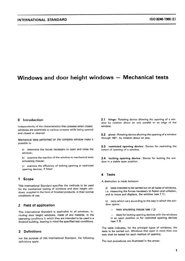 ISO 8248:1985 - Windows and door height windows -- Mechanical tests