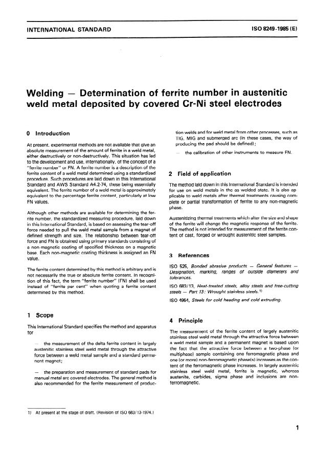 ISO 8249:1985 - Welding -- Determination of ferrite number in austenitic weld metal deposited by covered Cr-Ni steel electrodes