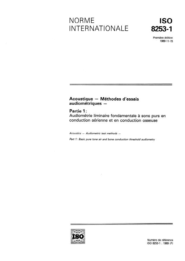 ISO 8253-1:1989 - Acoustique -- Méthodes d'essais audiométriques
