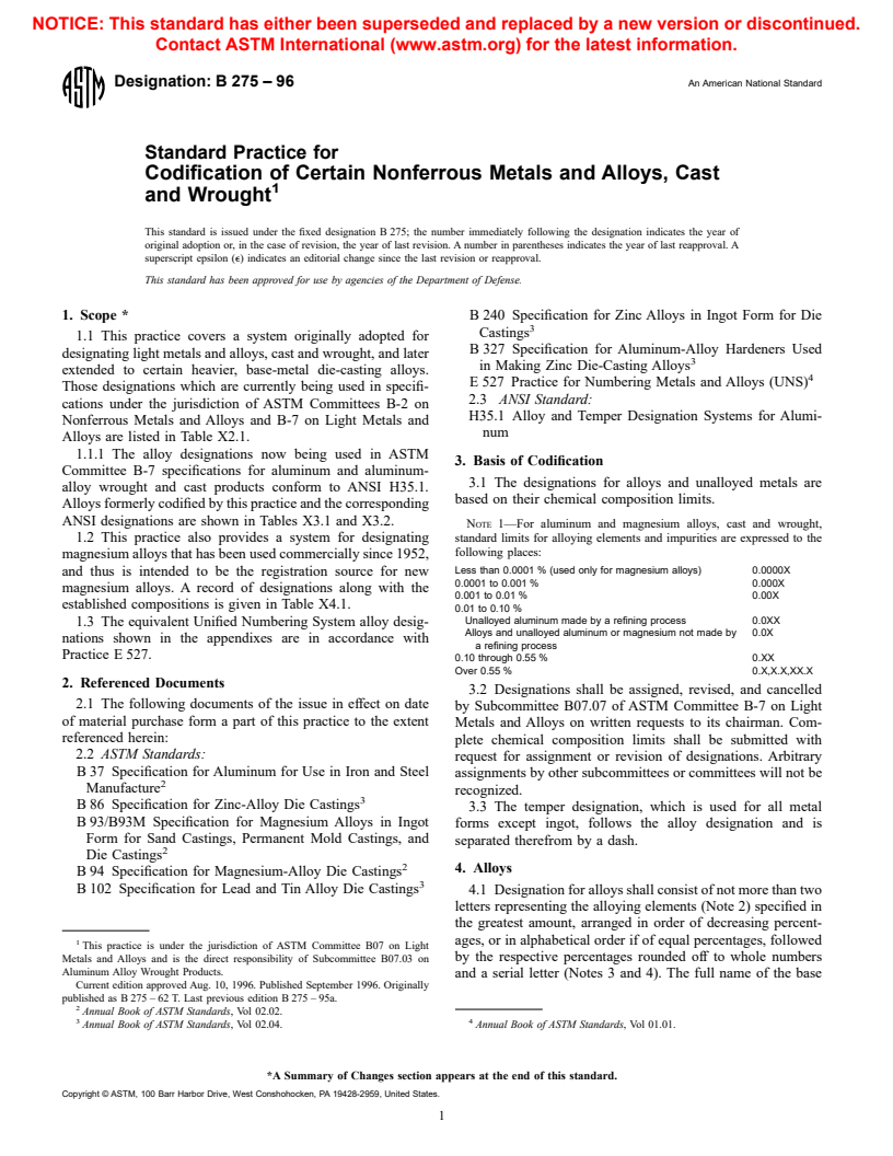 ASTM B275-96 - Standard Practice for Codification of Certain Nonferrous Metals and Alloys, Cast and Wrought