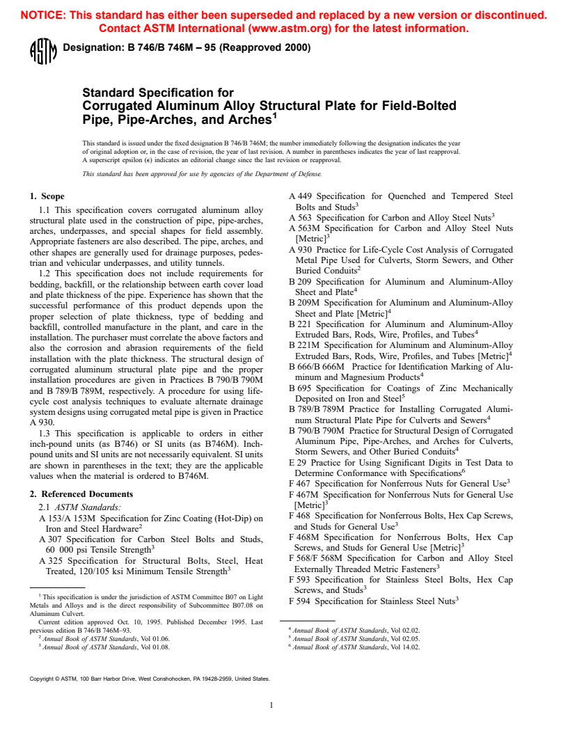 ASTM B746/B746M-95(2000) - Standard Specification for Corrugated Aluminum Alloy Structural Plate for Field-Bolted Pipe, Pipe-Arches, and Arches