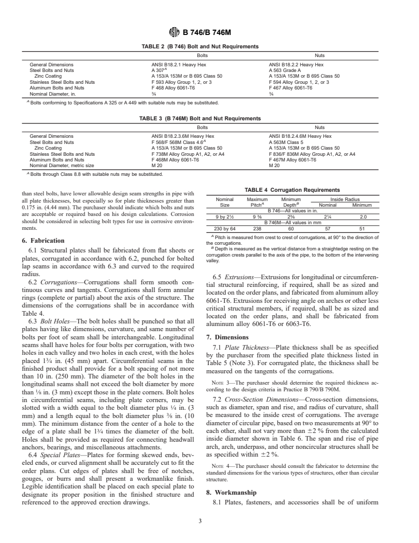 ASTM B746/B746M-95(2000) - Standard Specification for Corrugated Aluminum Alloy Structural Plate for Field-Bolted Pipe, Pipe-Arches, and Arches