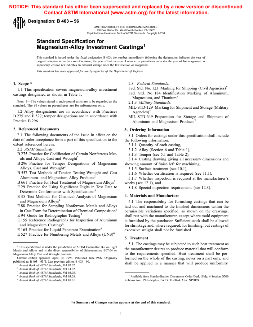 ASTM B403-96 - Standard Specification for Magnesium-Alloy Investment Castings