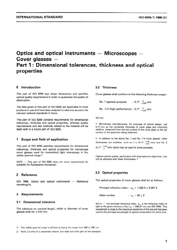 ISO 8255-1:1986 - Optics and optical instruments -- Microscopes -- Cover glasses