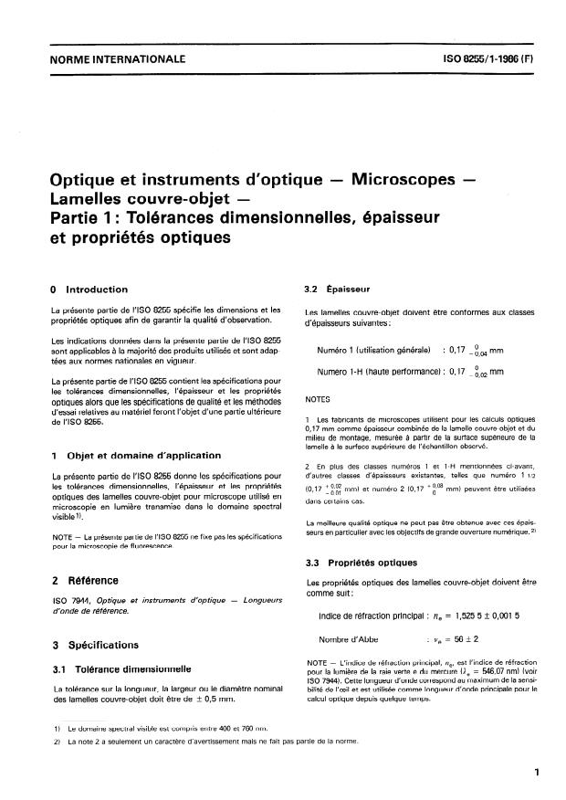 ISO 8255-1:1986 - Optique et instruments d'optique -- Microscopes -- Lamelles couvre-objet