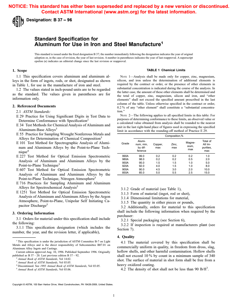 ASTM B37-96 - Standard Specification for Aluminum for Use in Iron and Steel Manufacture