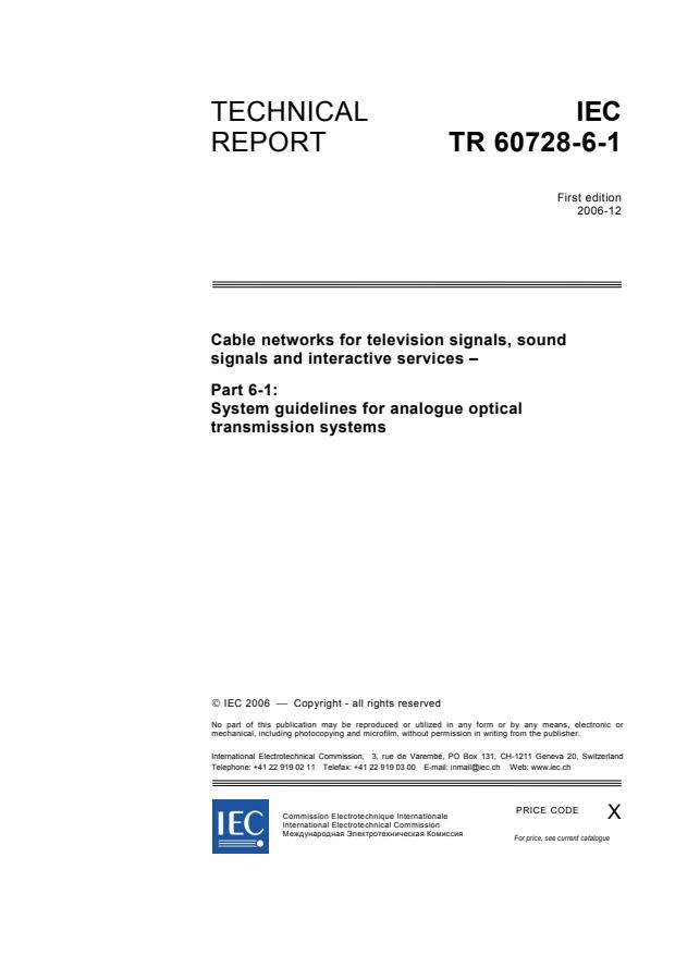 IEC TR 60728-6-1:2006 - Cable networks for television signals, sound signals and interactive services - Part 6-1: System guidelines for analogue optical transmission systems