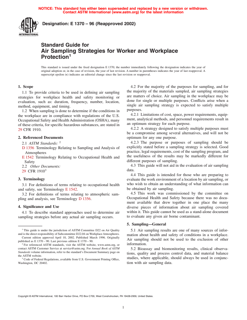 ASTM E1370-96(2002) - Standard Guide for Air Sampling Strategies for Worker and Workplace Protection