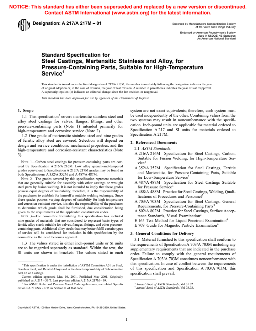 ASTM A217/A217M-01 - Standard Specification for Steel Castings, Martensitic Stainless and Alloy, for Pressure-Containing Parts, Suitable for High-Temperature Service