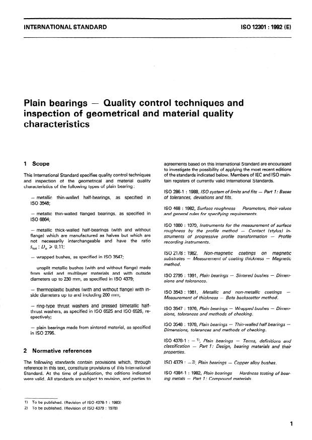ISO 12301:1992 - Plain bearings -- Quality control techniques and inspection of geometrical and material quality characteristics