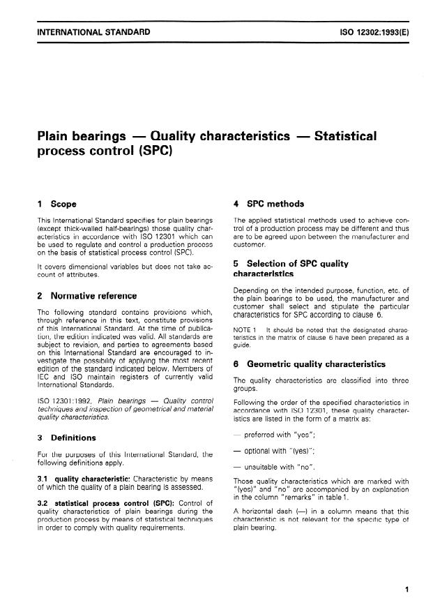 ISO 12302:1993 - Plain bearings -- Quality characteristics -- Statistical process control (SPC)