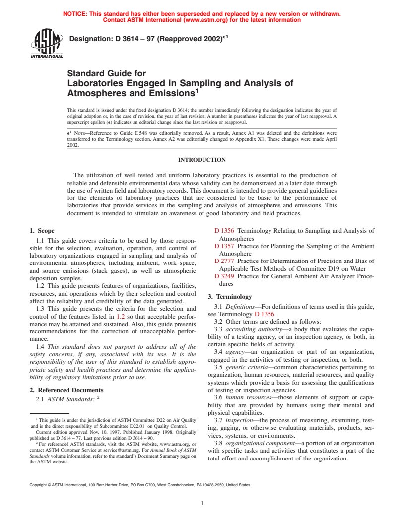 ASTM D3614-97(2002)e1 - Standard Guide for Laboratories Engaged in Sampling and Analysis of Atmospheres and Emissions