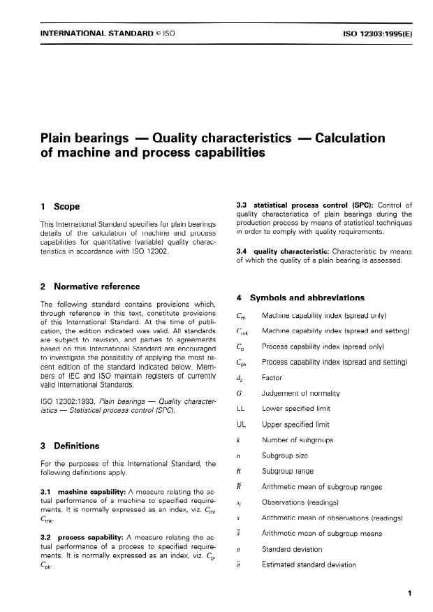 ISO 12303:1995 - Plain bearings -- Quality characteristics -- Calculation of machine and process capabilities