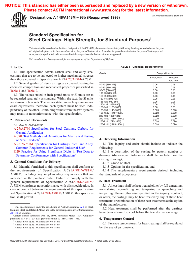 ASTM A148/A148M-93b(1998) - Standard Specification for Steel Castings, High Strength, for Structural Purposes