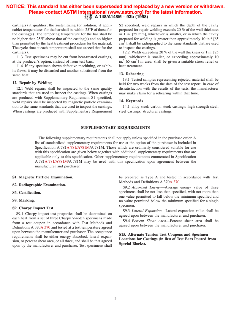 ASTM A148/A148M-93b(1998) - Standard Specification for Steel Castings, High Strength, for Structural Purposes