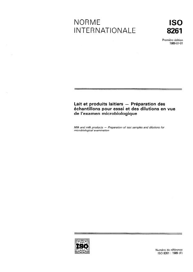 ISO 8261:1989 - Lait et produits laitiers -- Préparation des échantillons pour essai et des dilutions en vue de l'examen microbiologique