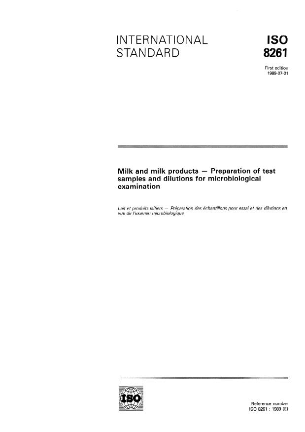 ISO 8261:1989 - Milk and milk products -- Preparation of test samples and dilutions for microbiological examination