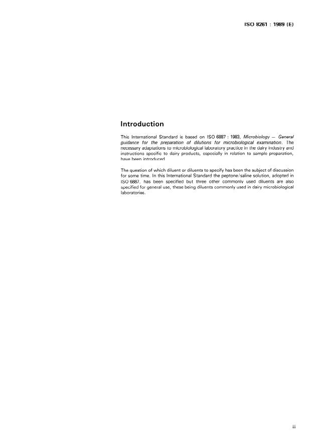 ISO 8261:1989 - Milk and milk products -- Preparation of test samples and dilutions for microbiological examination