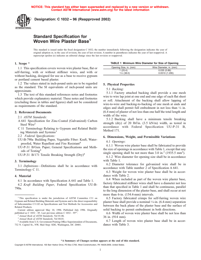 ASTM C1032-96(2002) - Standard Specification for Woven Wire Plaster Base