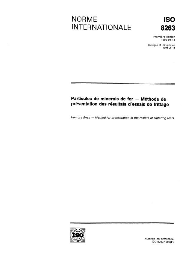 ISO 8263:1992 - Particules de minerais de fer -- Méthode de présentation des résultats d'essais de frittage