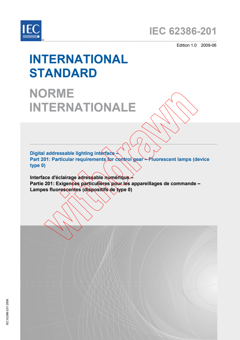 IEC 62386-201:2009 - Digital addressable lighting interface - Part 201: Particular requirements for control gear - Fluorescent lamps (device type 0)
Released:6/10/2009
Isbn:2831895995