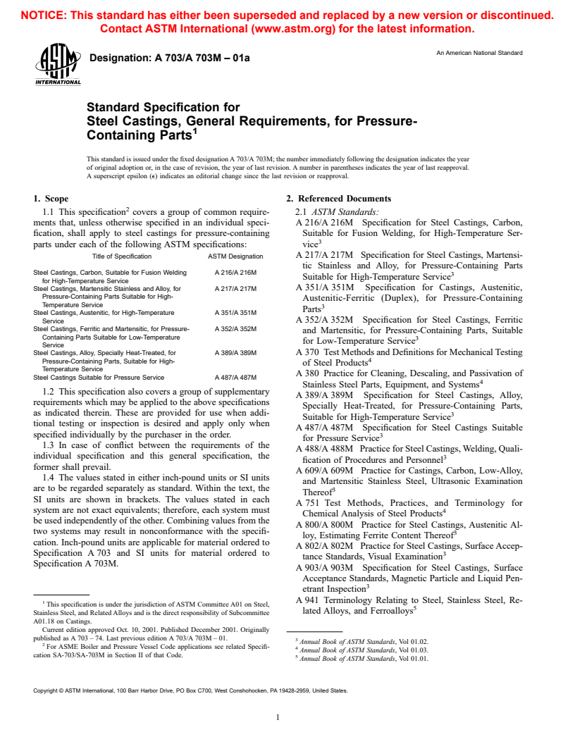 ASTM A703/A703M-01a - Standard Specification for Steel Castings, General Requirements, for Pressure-Containing Parts