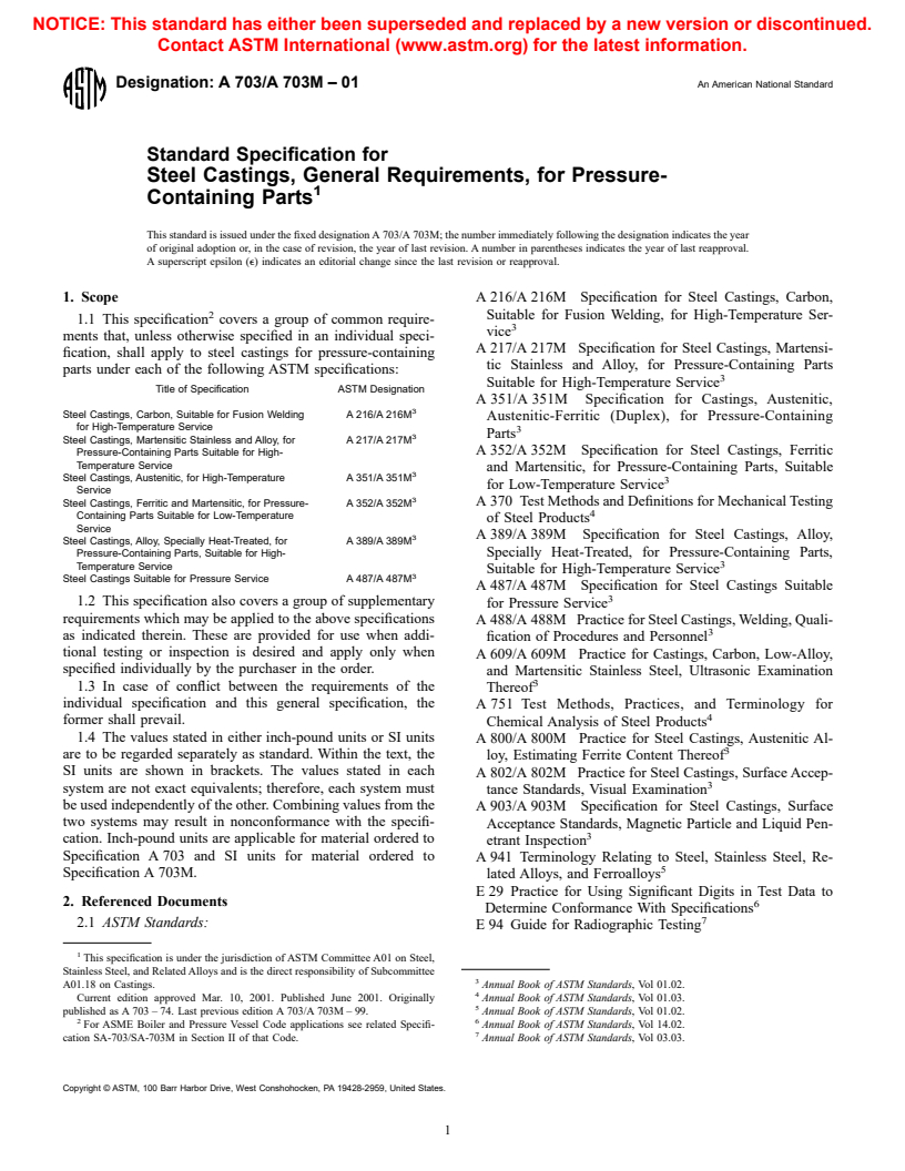 ASTM A703/A703M-01 - Standard Specification for Steel Castings, General Requirements, for Pressure-Containing Parts