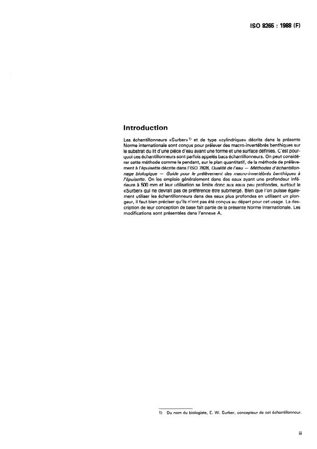 ISO 8265:1988 - Qualité de l'eau -- Conception et utilisation des échantillonneurs de macro-invertébrés benthiques sur substrat rocailleux dans les eaux douces peu profondes