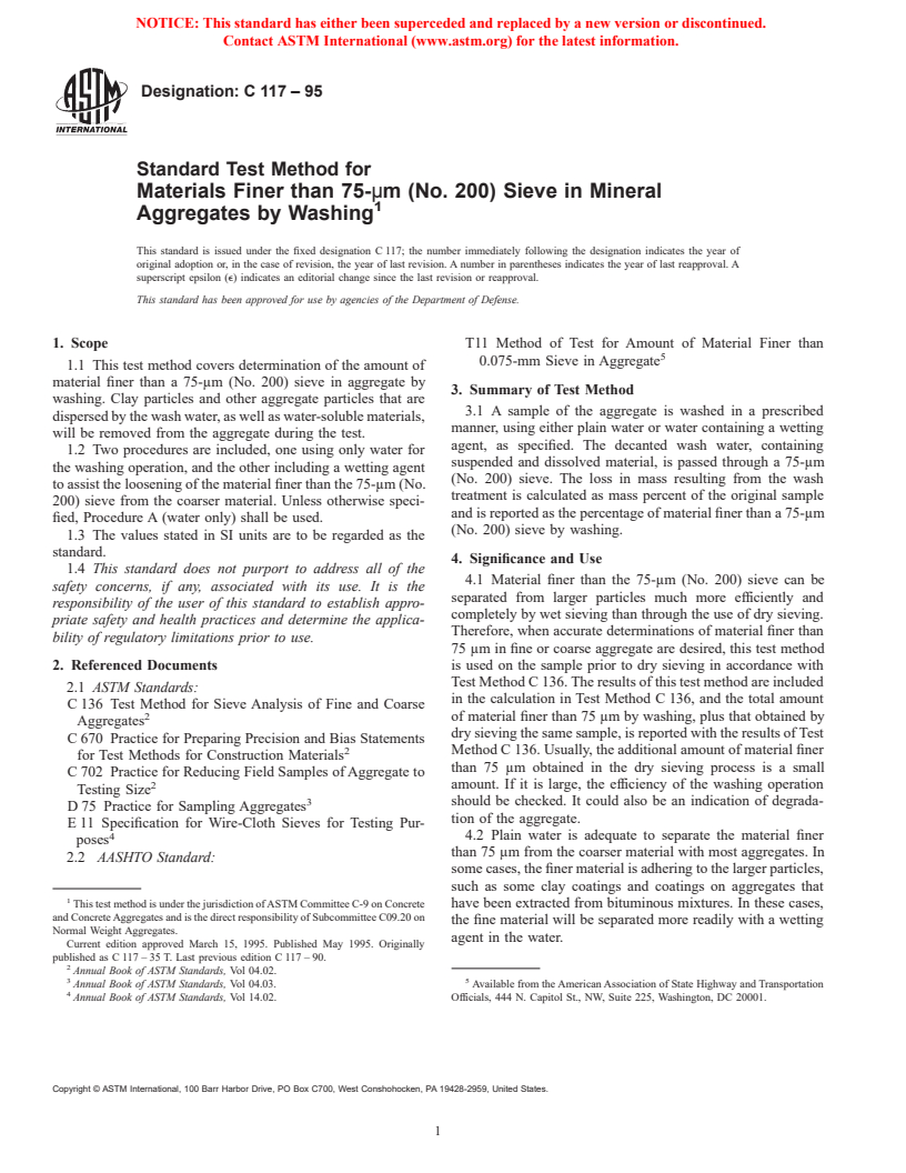 ASTM C117-95 - Standard Test Method for Materials Finer than 75-&#181m (No. 200) Sieve in Mineral Aggregates by Washing